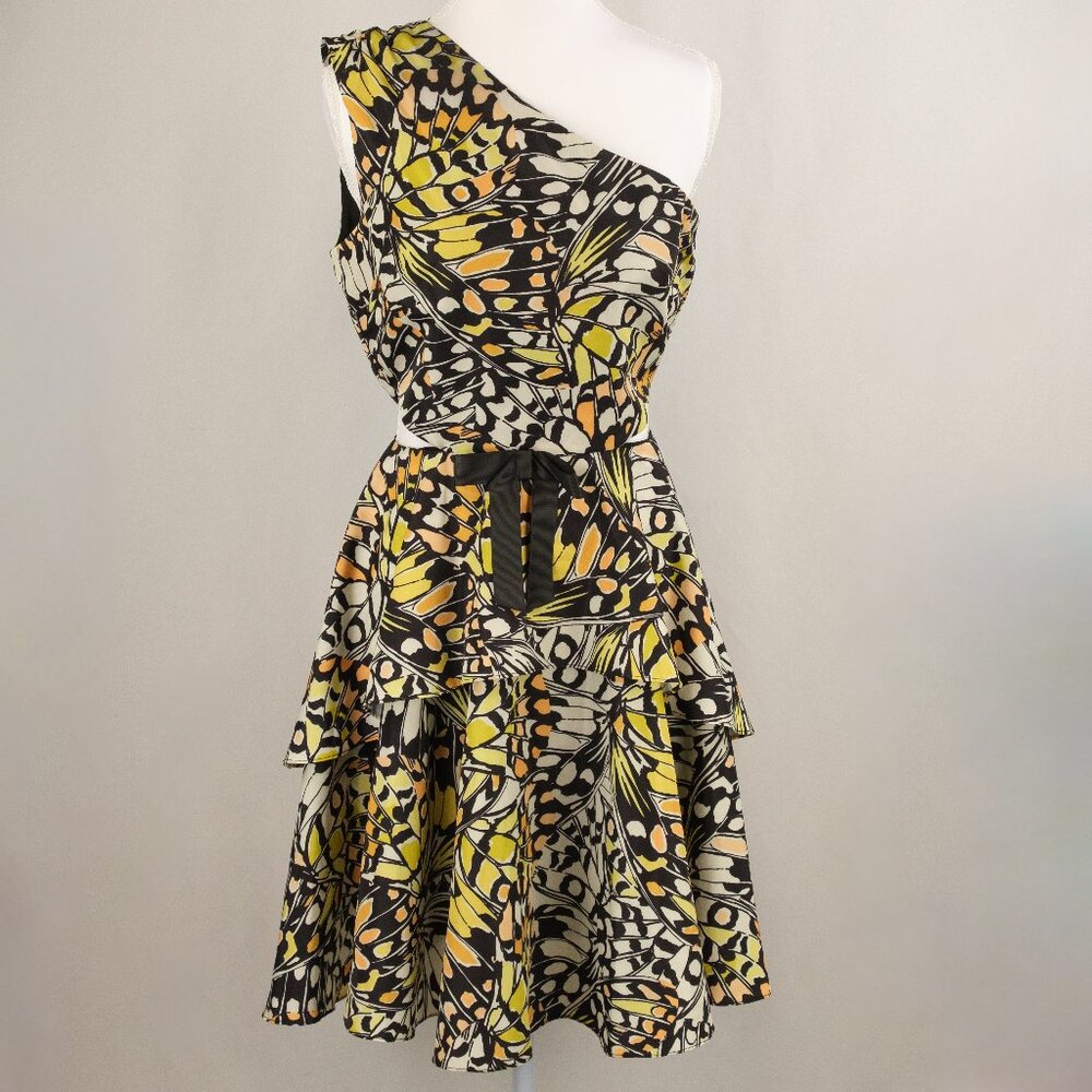 One33 Social Butterfly-Print Taffeta One-Shoulder Cut-Out Cocktail Dress, US 2